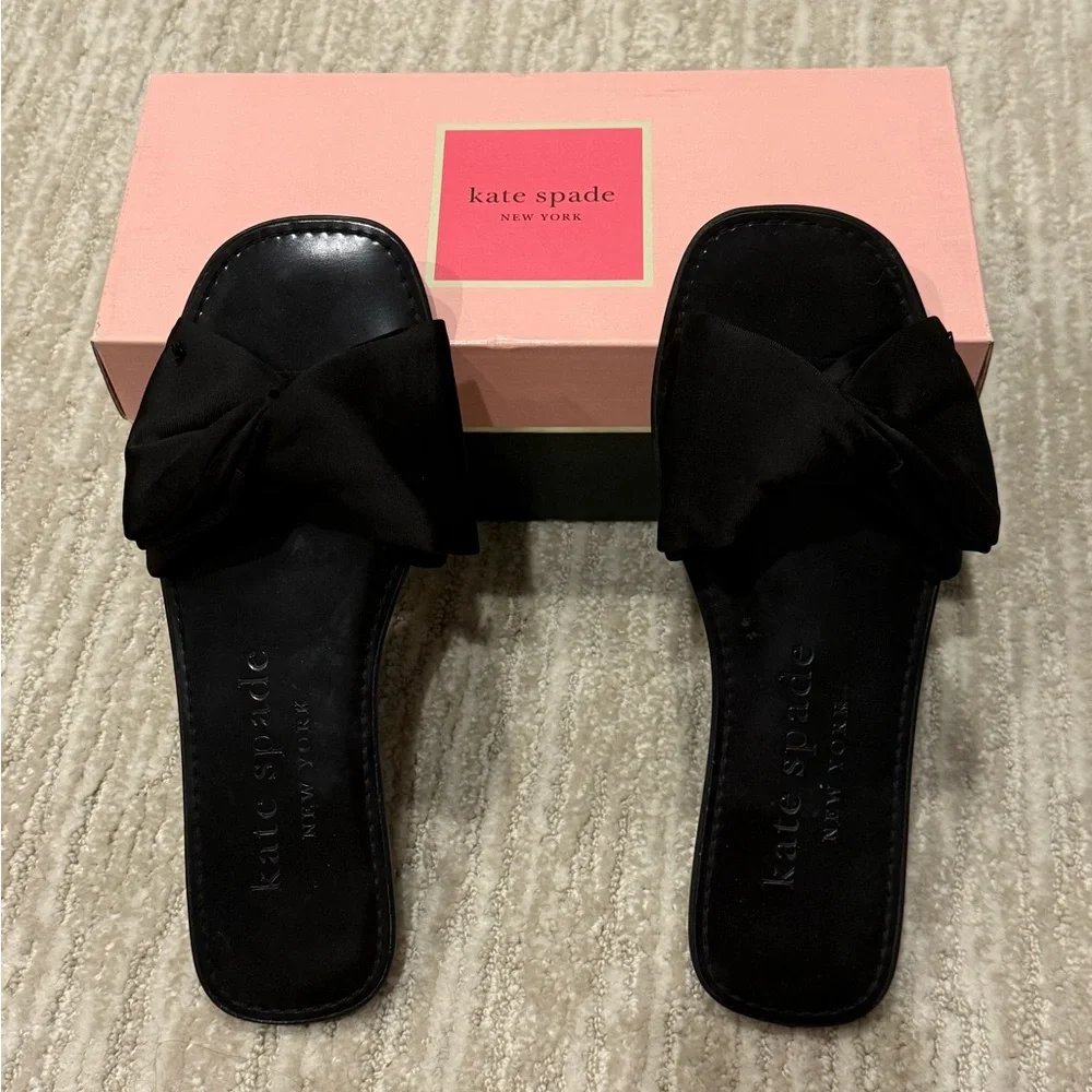 Kate Spade New York Black Bikini Bow Flat Sandal Slides Size 7.5 - Picture 3 of 10